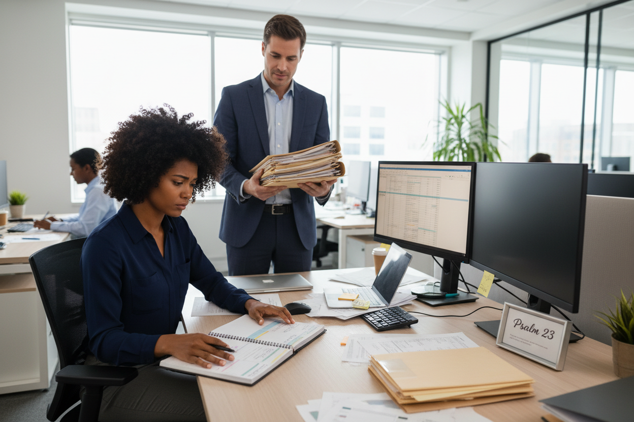 have the woman with curly natural hair focused on her work but also looking at her planner
